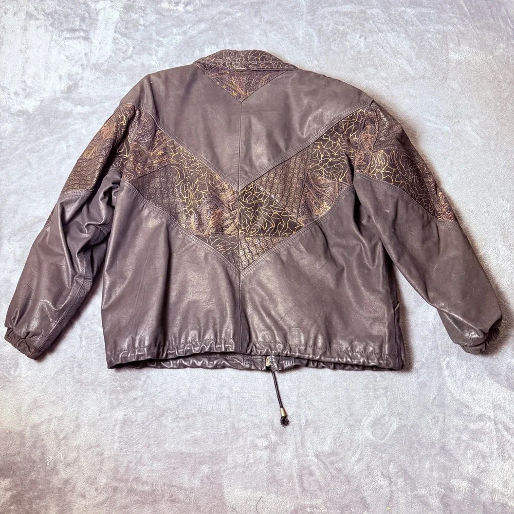 Vintage Winlit S Leather Black Bomber Jacket Gold Paisley Metallic Boho 80s 90s